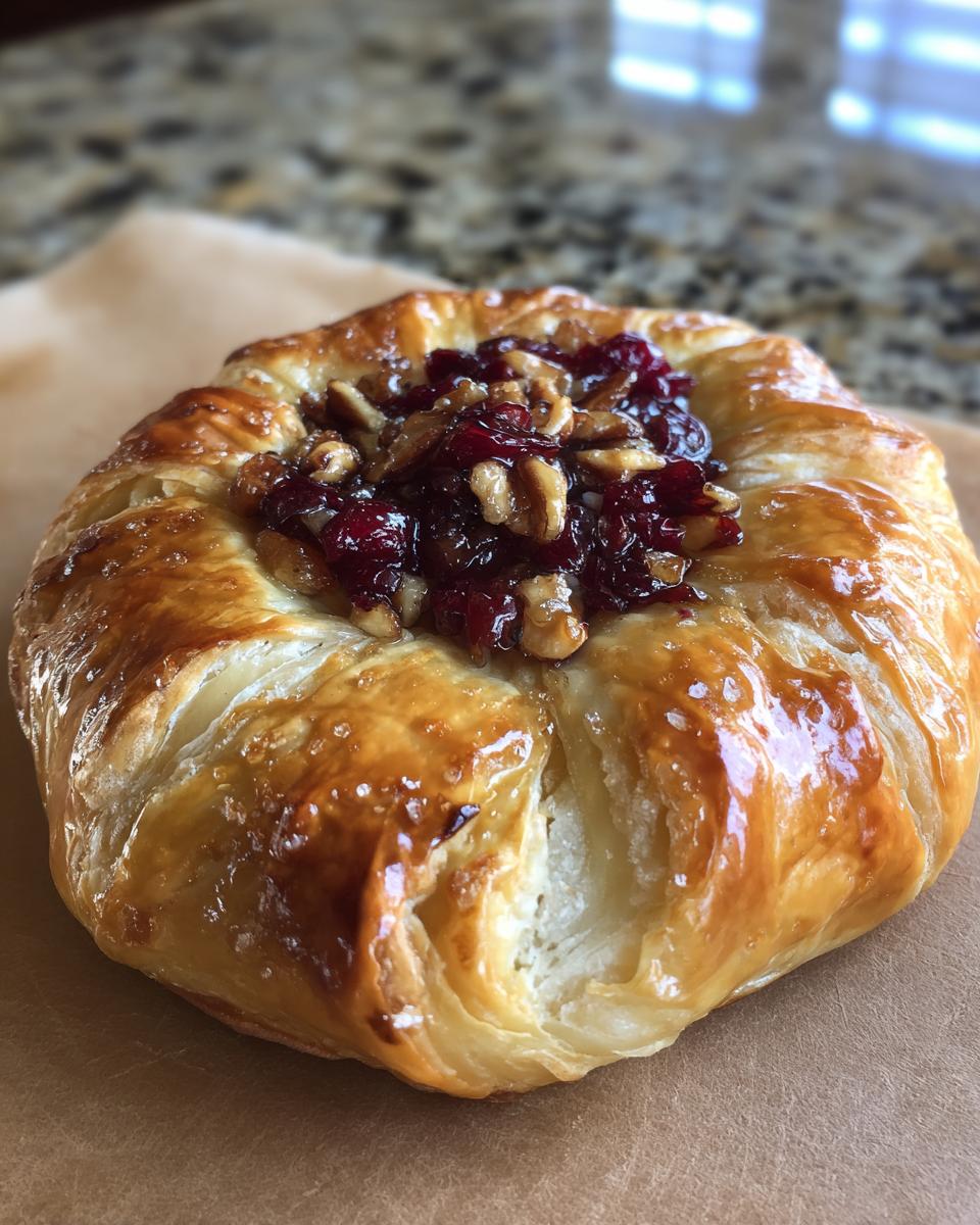 Close-up of a golden, flaky puff pastry wrapped around filling, topped with cranberry sauce and pecans, similar to a baked brie presentation.