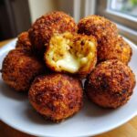 A pile of crispy, golden brown rice balls, one cut open revealing gooey melted cheese inside.