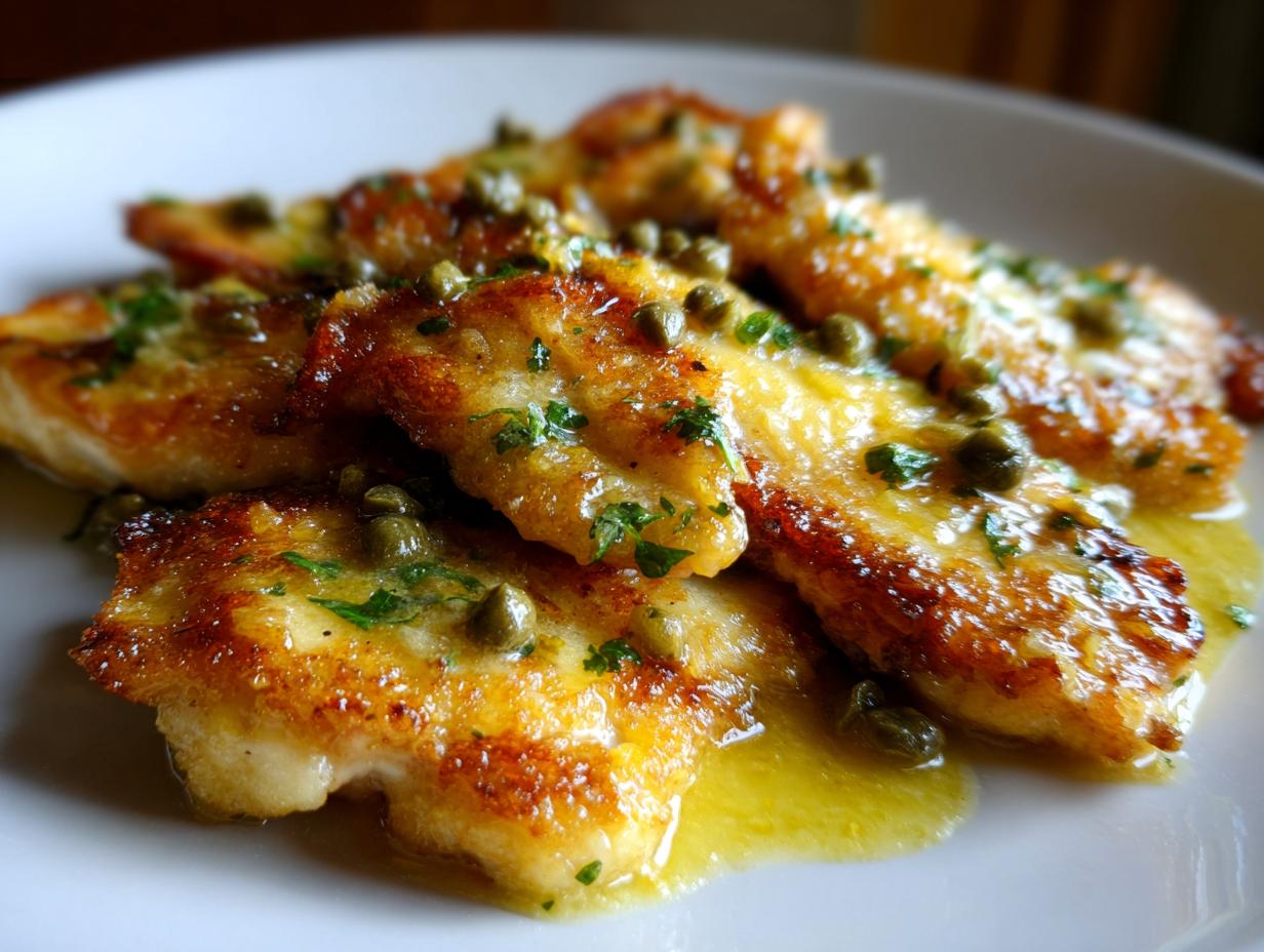 Close-up of pan-seared chicken piccata fillets covered in a glistening lemon butter sauce and sprinkled with capers and parsley.