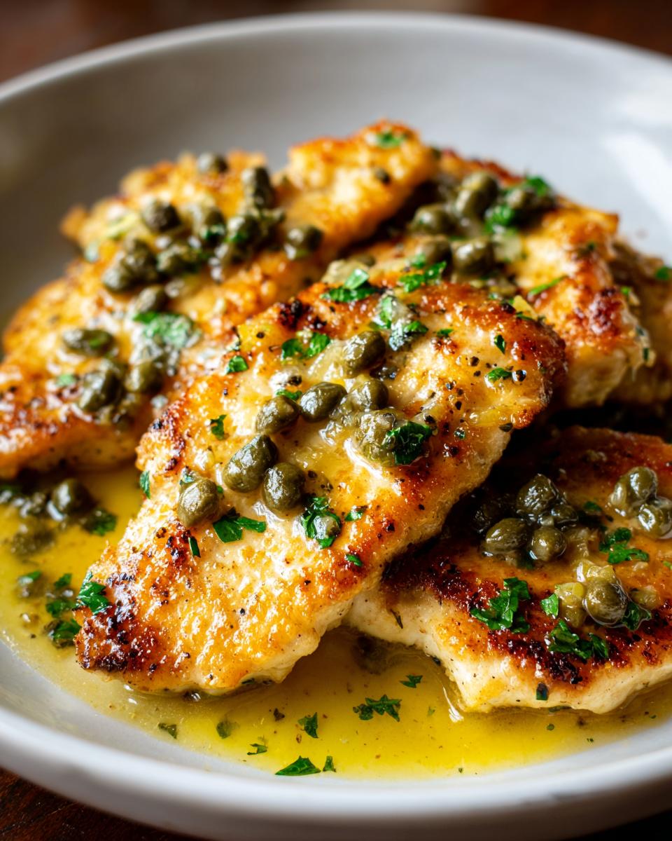 Close-up of pan-seared chicken piccata fillets covered in bright lemon sauce and capers.