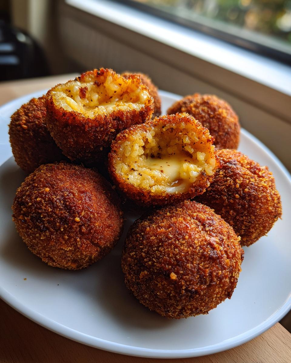 A pile of crispy, golden-brown fried rice balls, with one cut open revealing a melted cheese center.