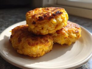 Three golden brown, thick patties of fried cornbread stacked on a light-colored plate, showing visible corn kernels.