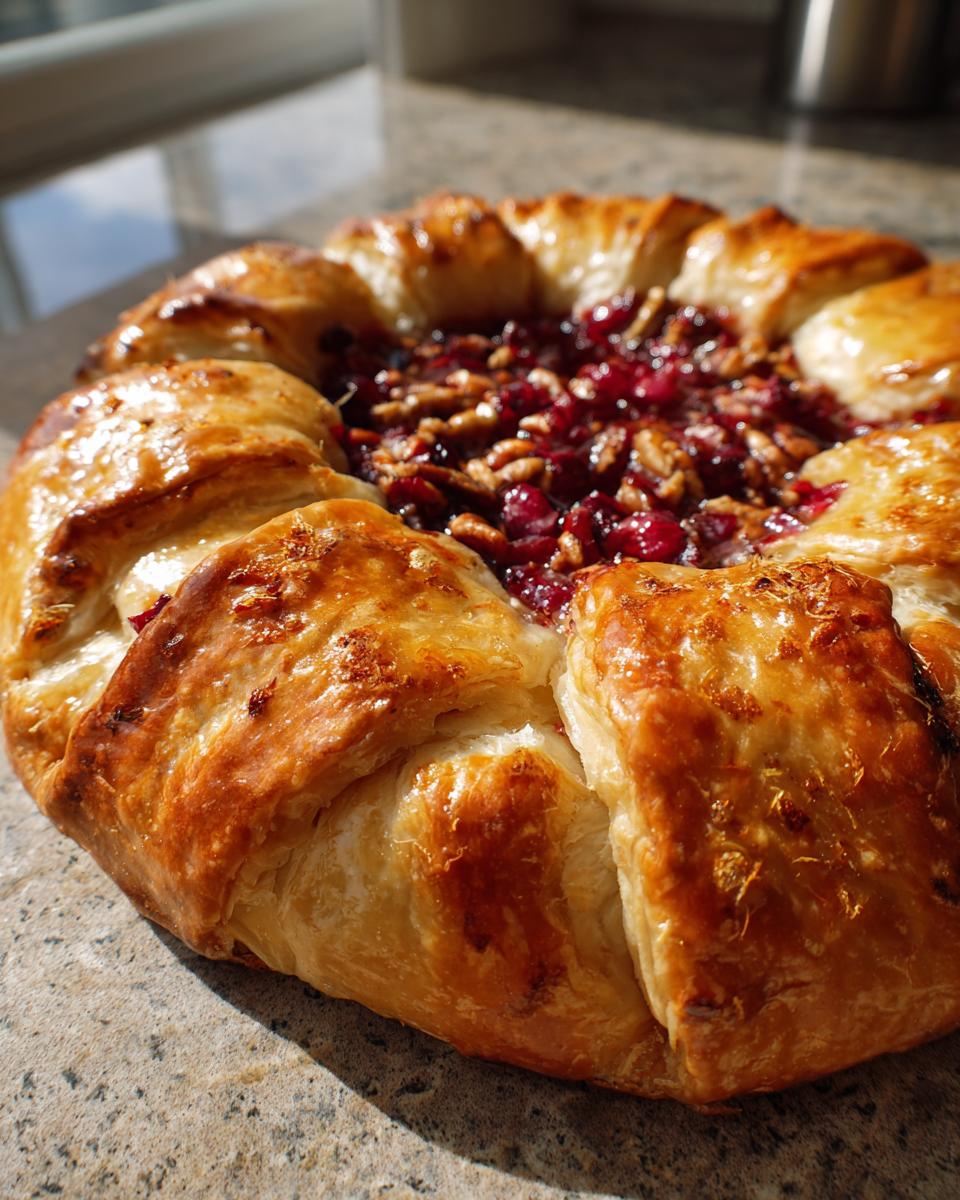 Close-up of a golden, flaky pastry surrounding a filling of cranberries and nuts, often served with baked brie.