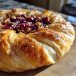 Close-up of golden, flaky puff pastry wrapped around a filling, similar to a baked brie en croute.