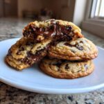 Close-up of three homemade chocolate chip cookies stacked, with the top one broken open revealing molten, gooey chocolate centers.