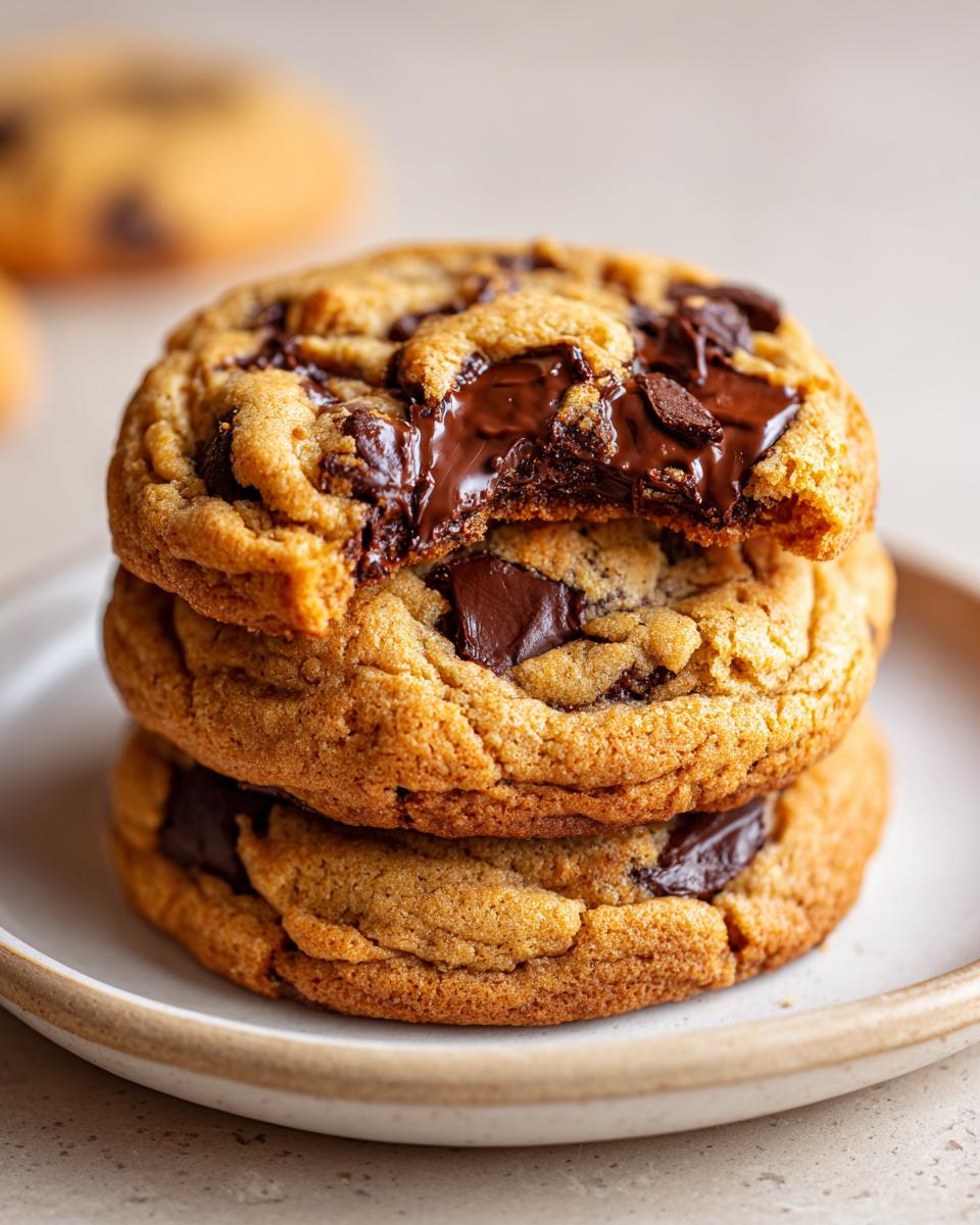 Close-up of three stacked homemade chocolate chip cookies with melted chocolate visible in the top cookie.