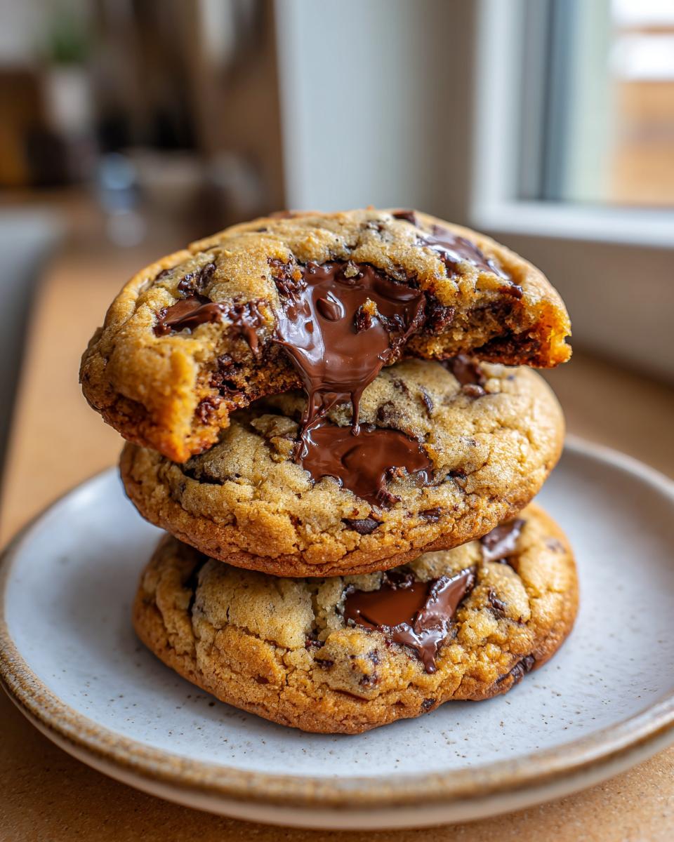 A stack of three thick, chewy homemade chocolate chip cookies with melted chocolate oozing from the top broken cookie.