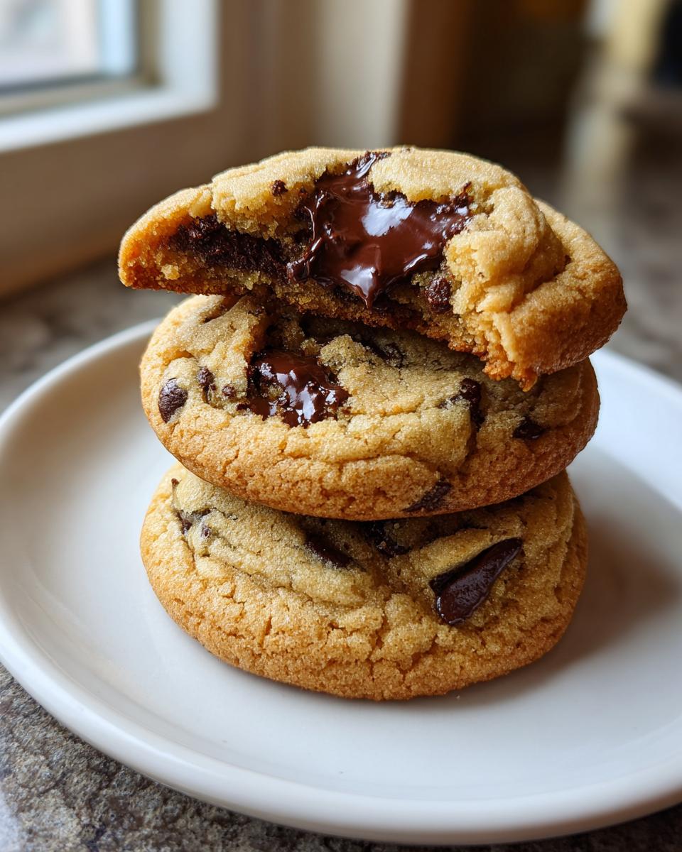 Stack of three homemade chocolate chip cookies, with the top one broken open revealing melted, gooey chocolate.