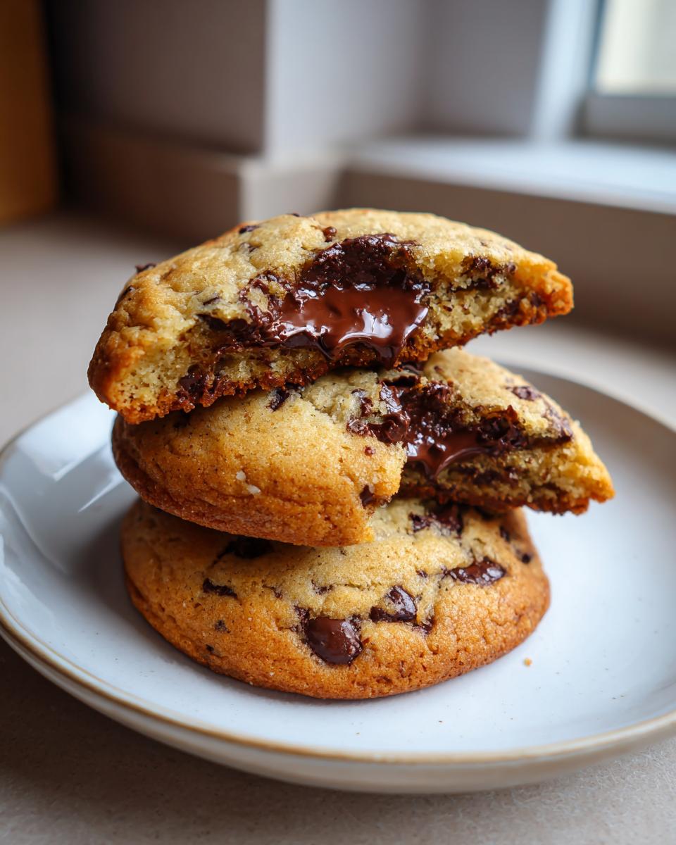 Three homemade chocolate chip cookies stacked, with the top one broken open revealing molten, gooey chocolate.