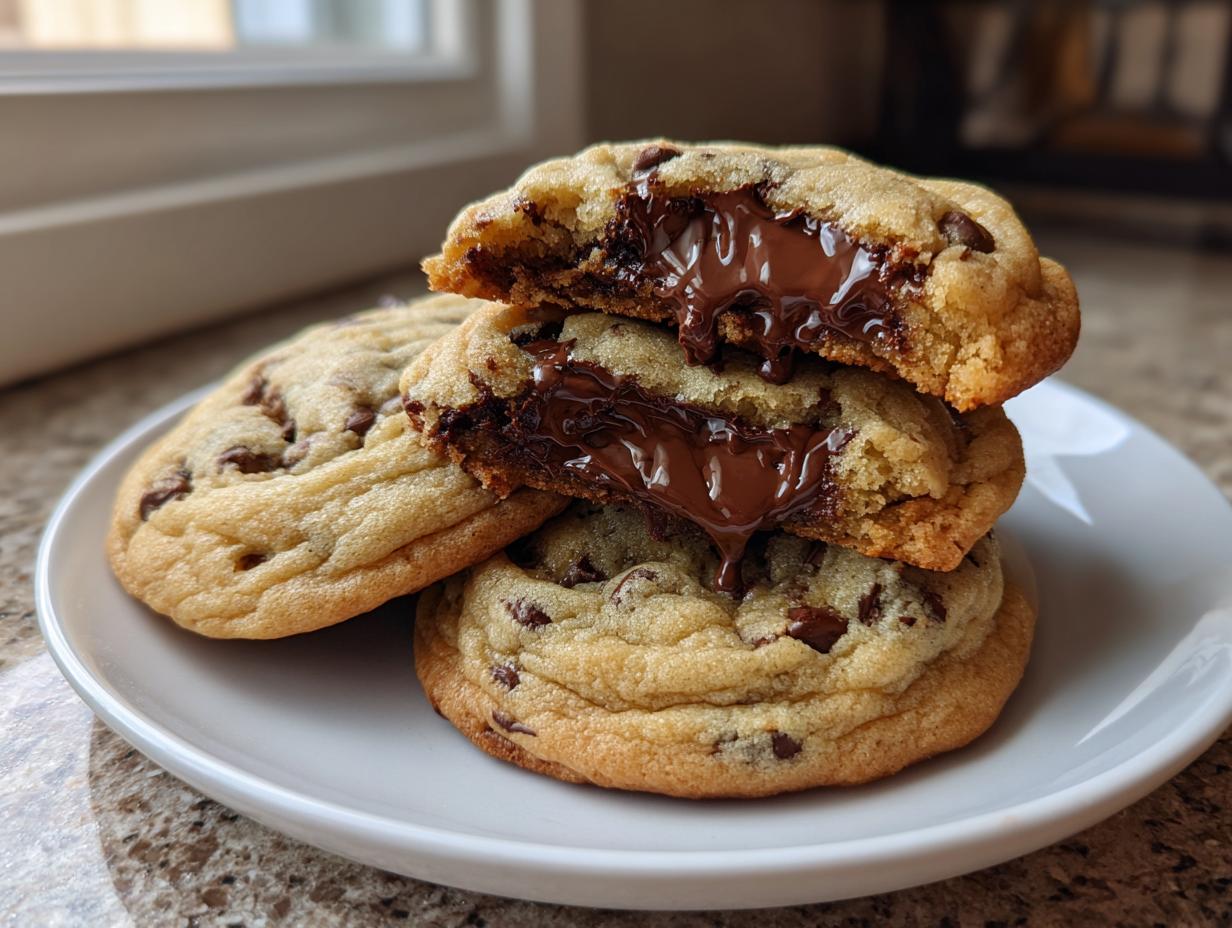 Stack of three homemade chocolate chip cookies, with the top two broken open revealing melted, gooey chocolate centers.