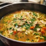 Close-up view of steaming, rich broth chicken noodle soup filled with shredded chicken, egg noodles, carrots, and parsley.
