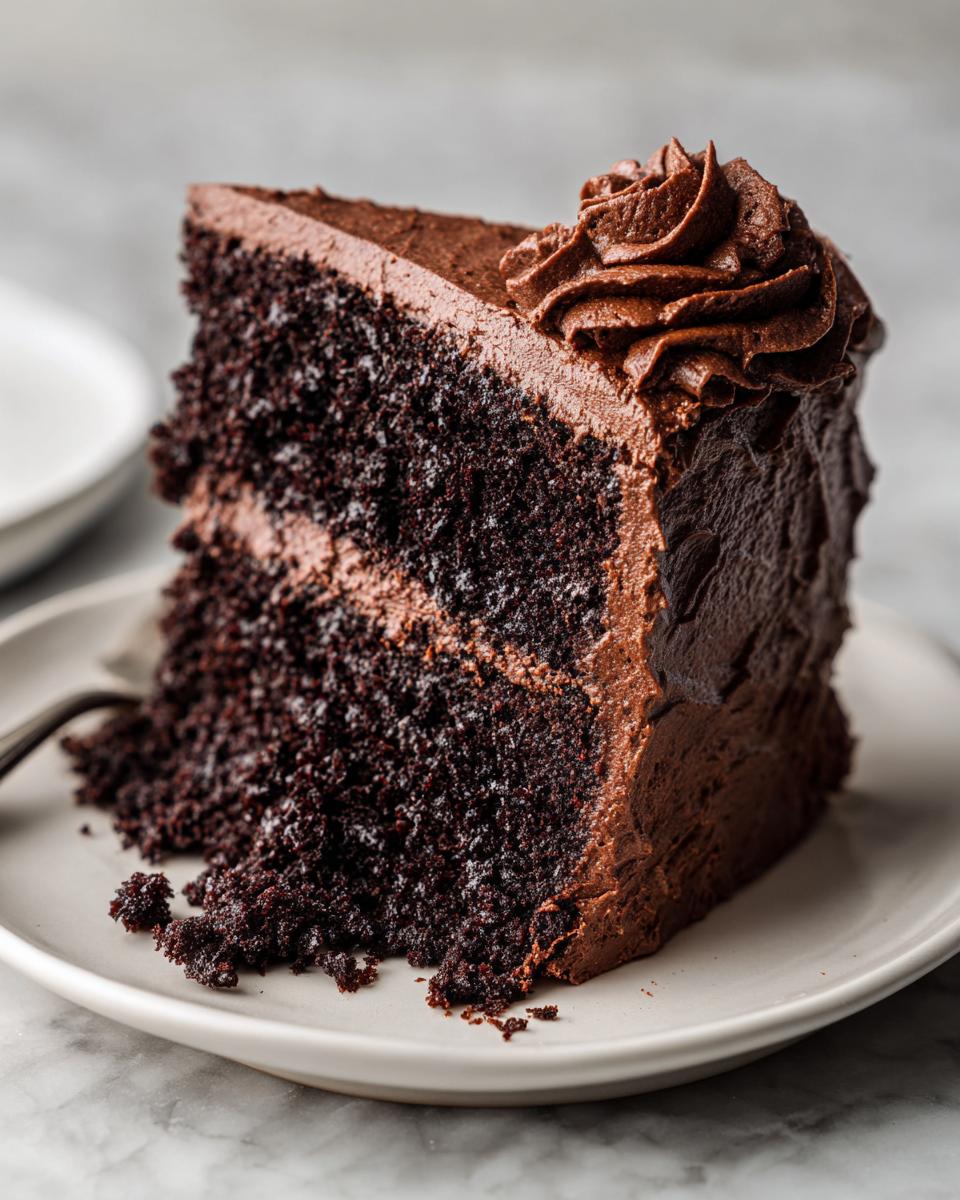 Close-up of a rich, moist slice of homemade chocolate cake layered and covered in thick chocolate frosting.