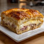 Close-up of a square slice of homemade reuben bake featuring flaky pastry, melted Swiss cheese, and corned beef filling.