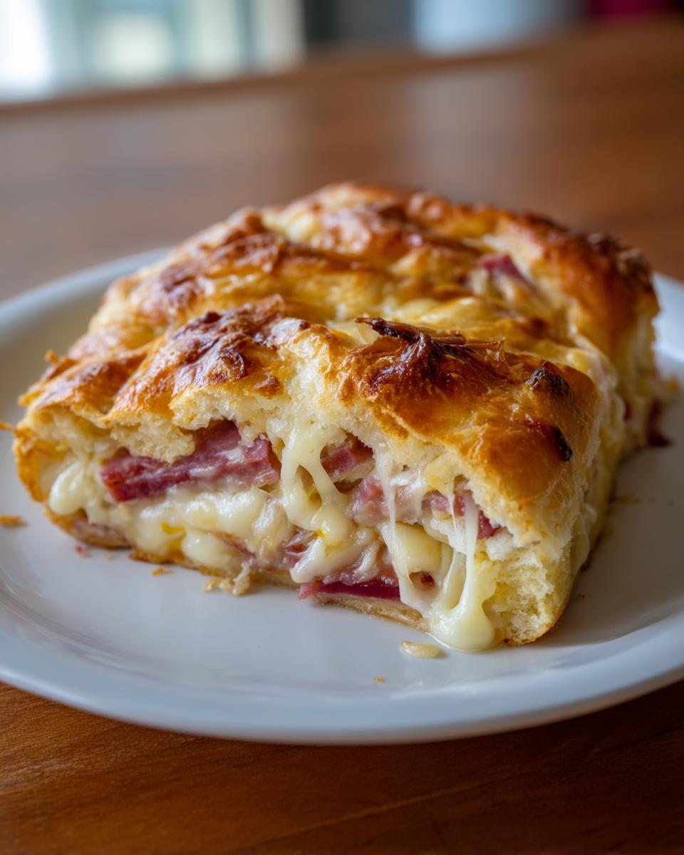 A close-up of a slice of homemade reuben bake showing melted Swiss cheese stretching out from layers of corned beef and pastry.