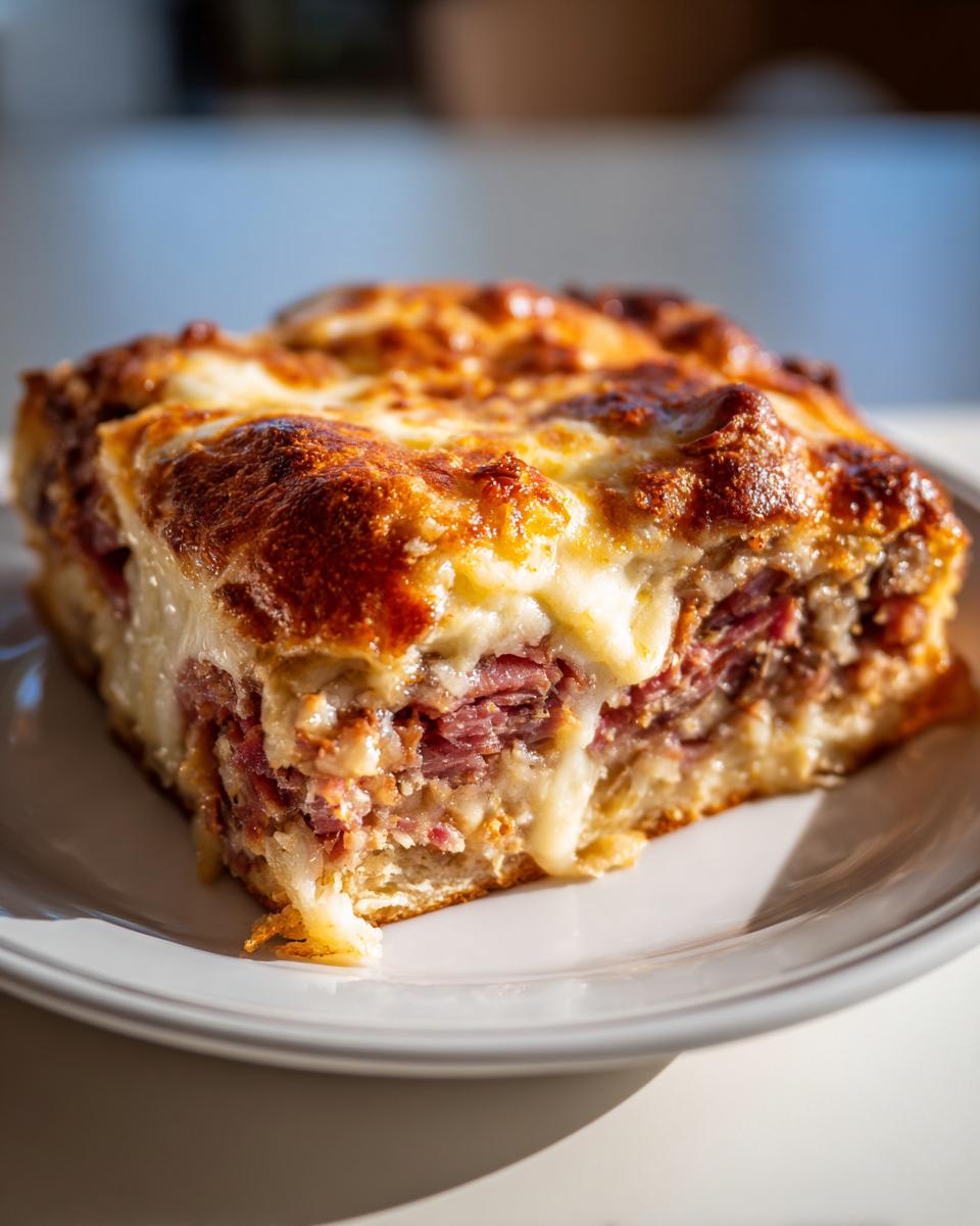 A square slice of homemade reuben bake with layers of corned beef and melted, browned cheese on top.