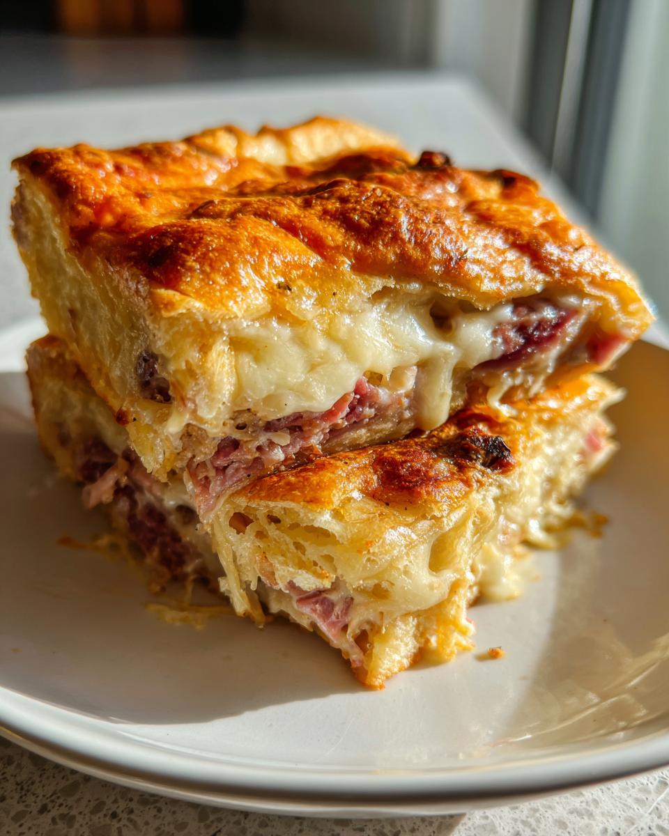 Two stacked squares of a golden-brown homemade reuben bake oozing with melted cheese and corned beef.
