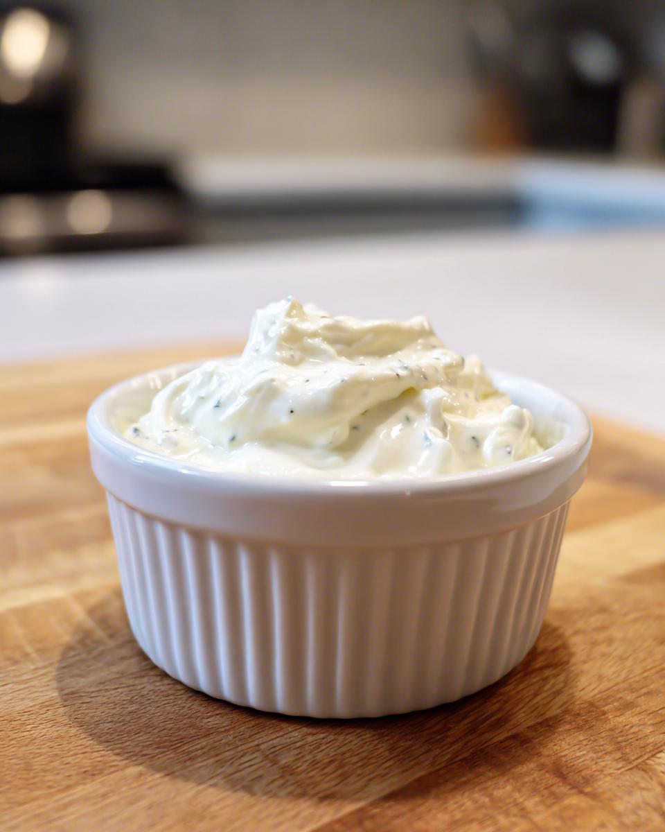 A close-up of creamy homemade tartar sauce served in a small white fluted ramekin on a wooden cutting board.