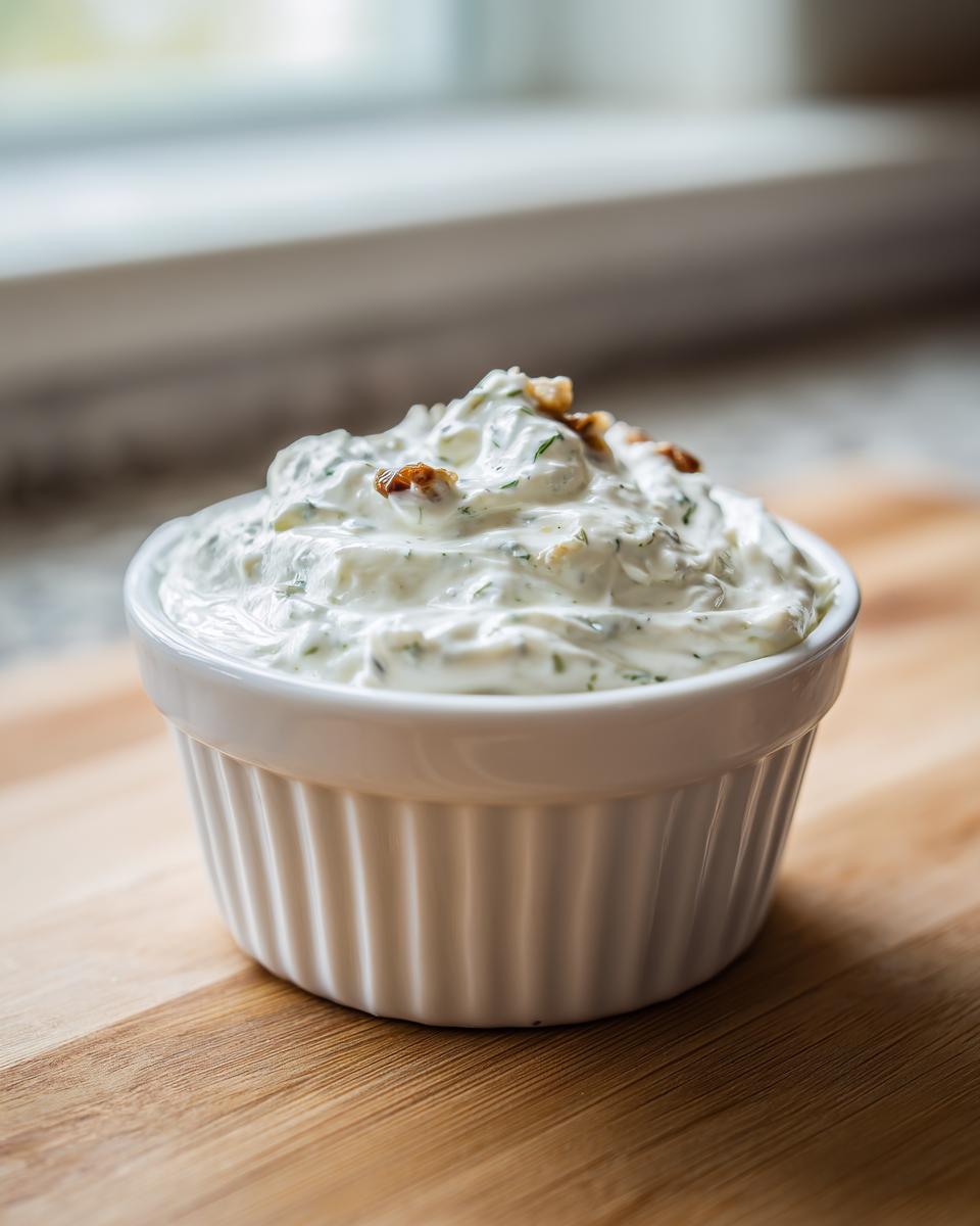 A close-up of creamy homemade tartar sauce topped with capers in a white fluted ramekin.