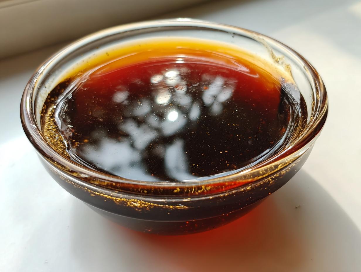 Close-up of rich, dark homemade teriyaki sauce glistening in a clear glass bowl.