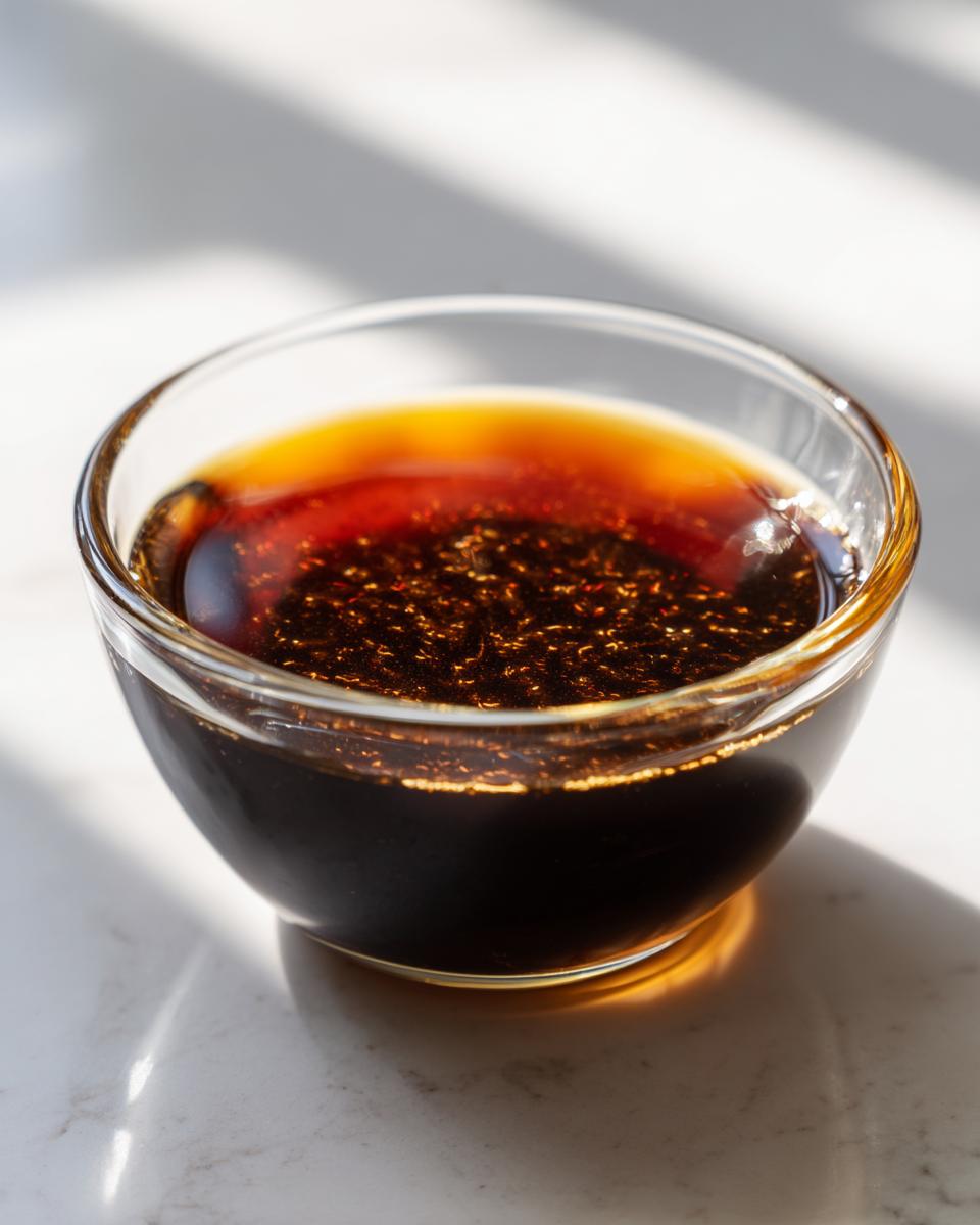 Close-up of rich, dark homemade teriyaki sauce with visible sesame seeds in a clear glass bowl.