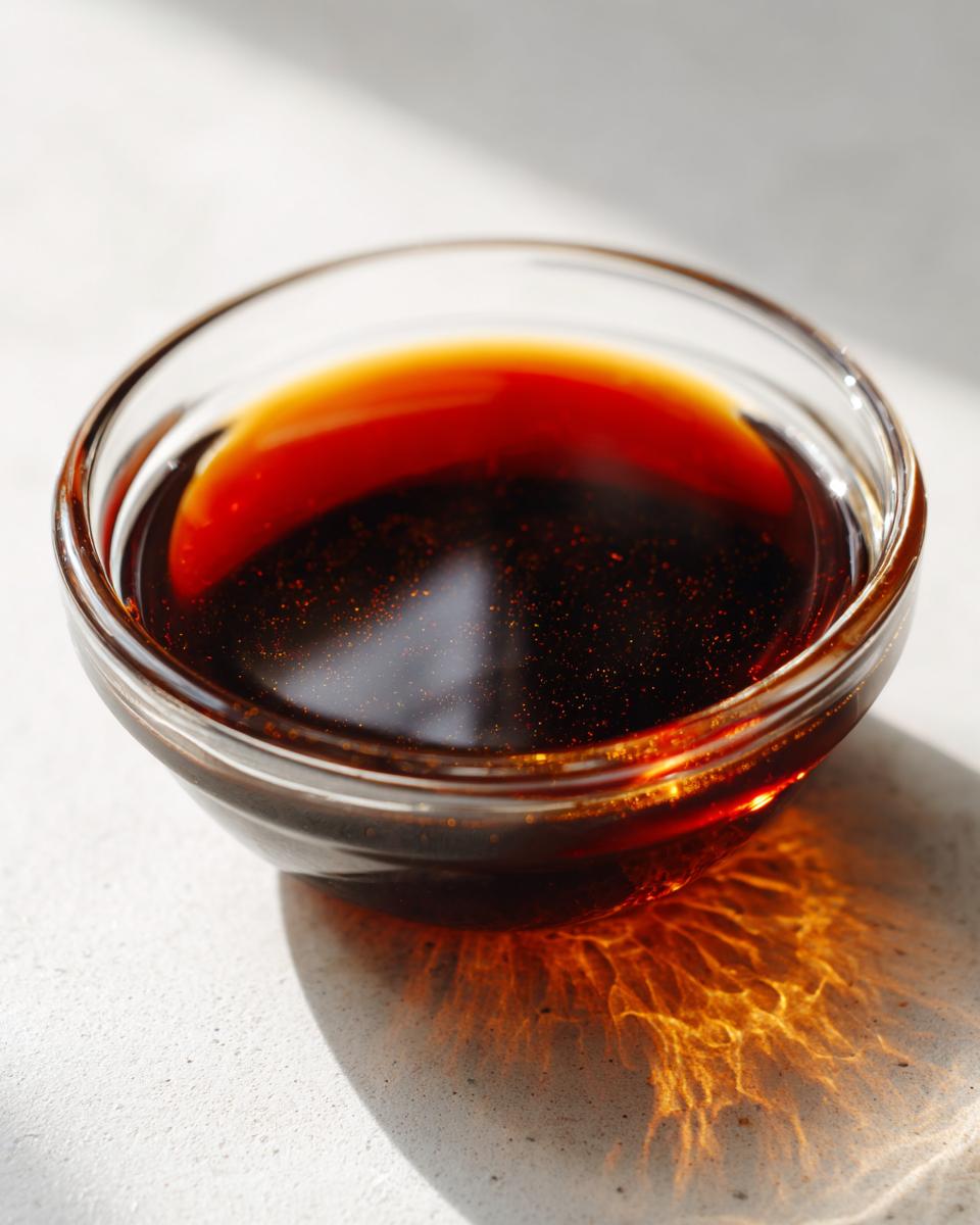 Close-up of rich, dark homemade teriyaki sauce in a clear glass bowl, showing light refraction.