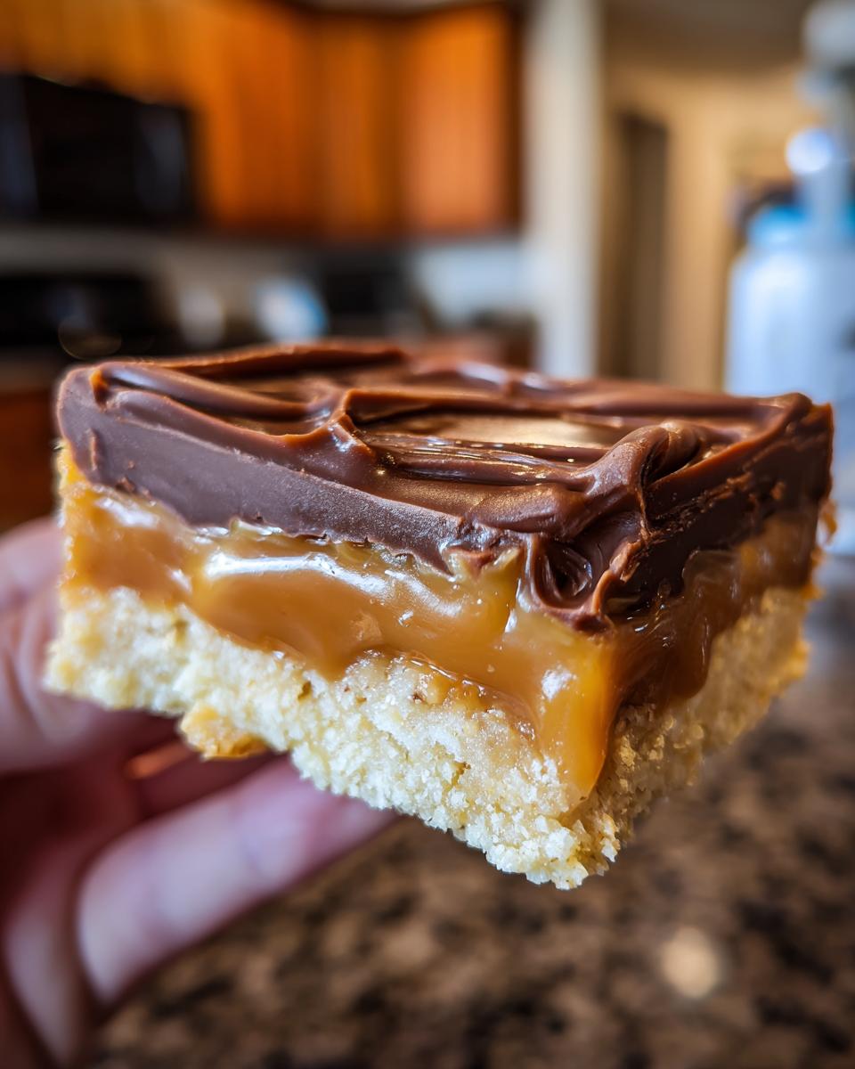 A close-up view of a thick, homemade twix bar slice showing the shortbread base, gooey caramel layer, and chocolate topping.