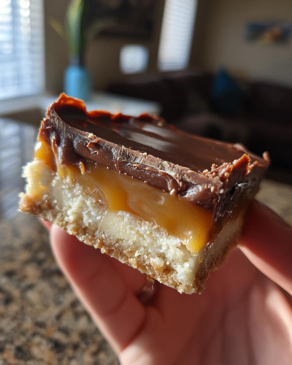 A hand holding a thick, three-layer homemade twix bar showing the shortbread base, gooey caramel, and chocolate topping.