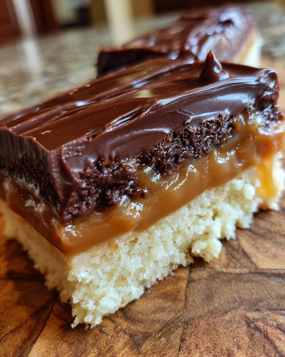 A close-up cross-section of a homemade twix bar showing the shortbread base, gooey caramel, chocolate layer, and rich chocolate topping.