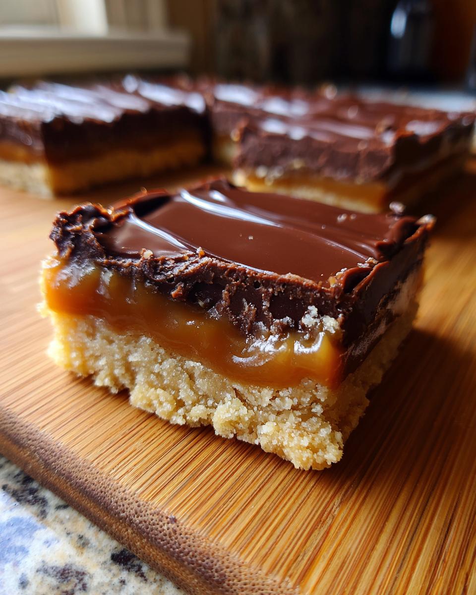 A close-up of a homemade twix bar slice showing the shortbread base, gooey caramel layer, and rich chocolate topping.