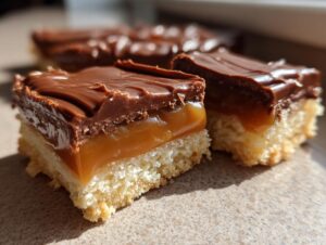 Close-up of three delicious homemade twix bars showing the shortbread base, thick caramel layer, and chocolate topping.