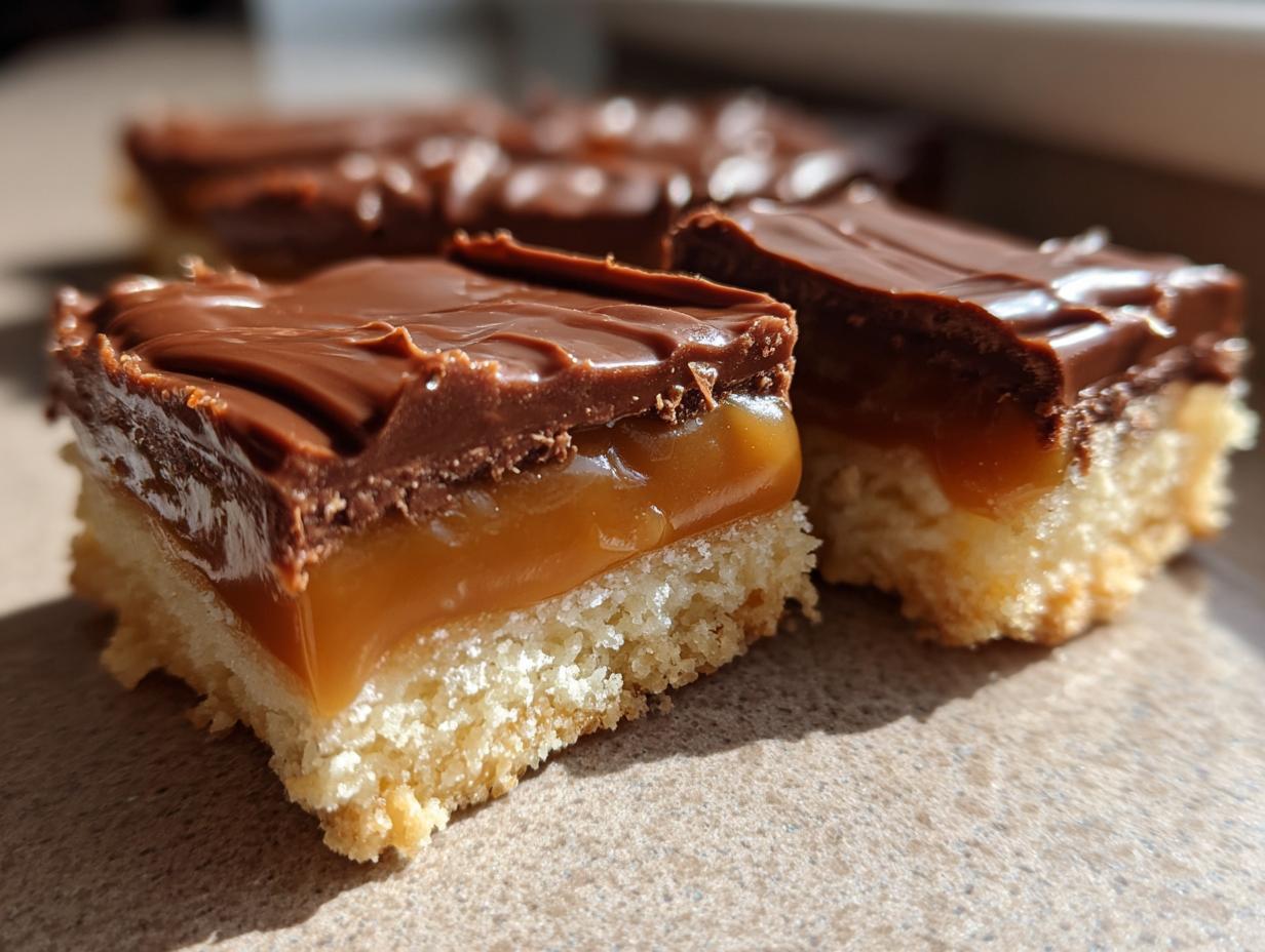 Close-up of three delicious homemade twix bars showing the shortbread base, thick caramel layer, and chocolate topping.