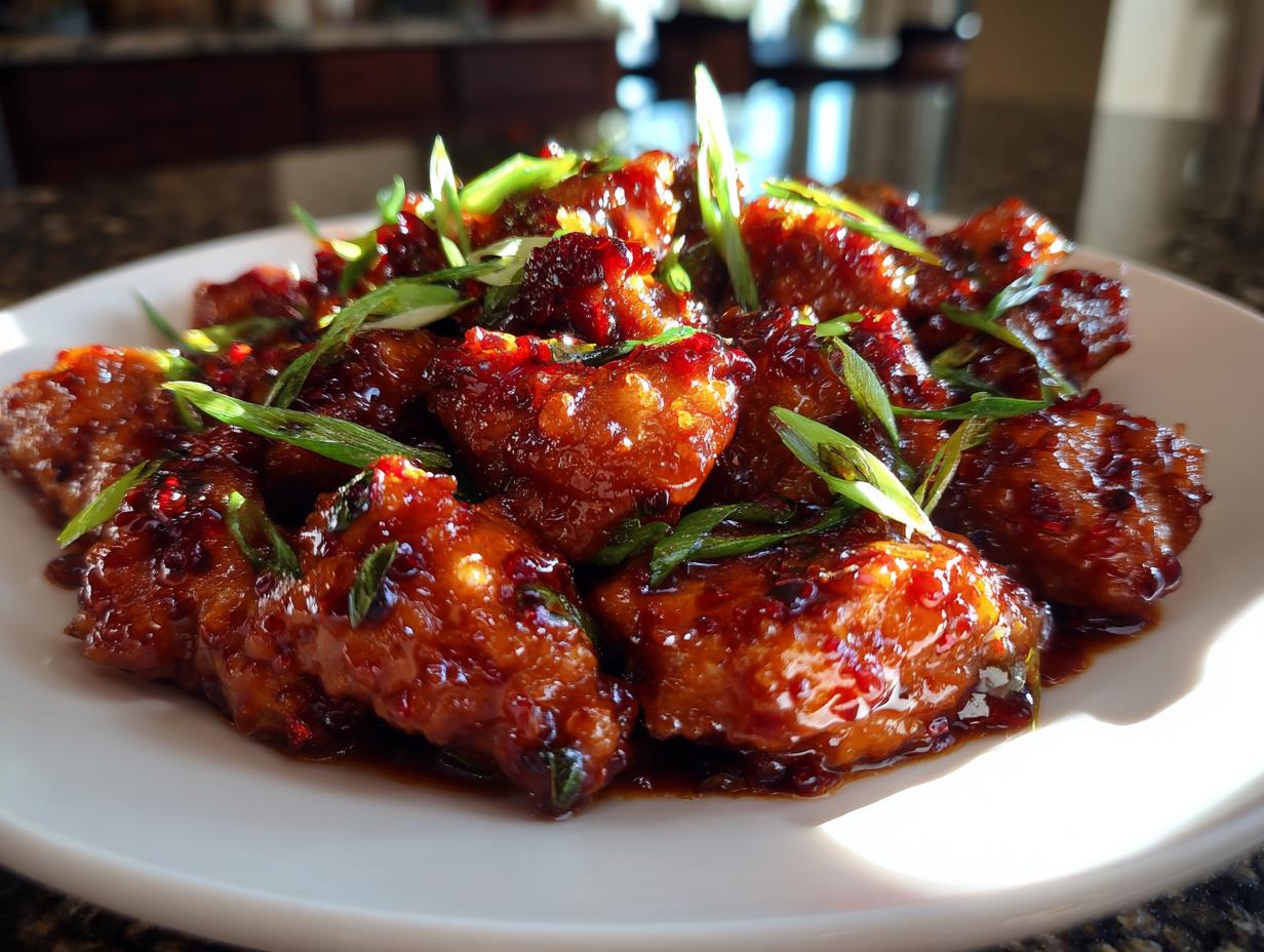 Close-up of glistening, saucy honey garlic chicken pieces garnished with fresh green onions.