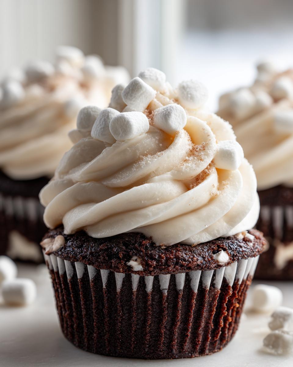 Close-up of a rich chocolate hot chocolate cupcake topped with vanilla frosting and mini marshmallows.