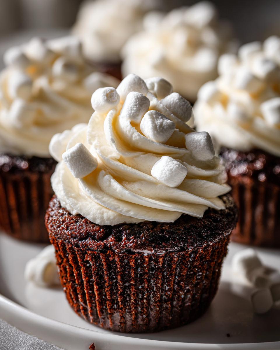 Close-up of a rich chocolate hot chocolate cupcake topped with swirled vanilla frosting and mini marshmallows.