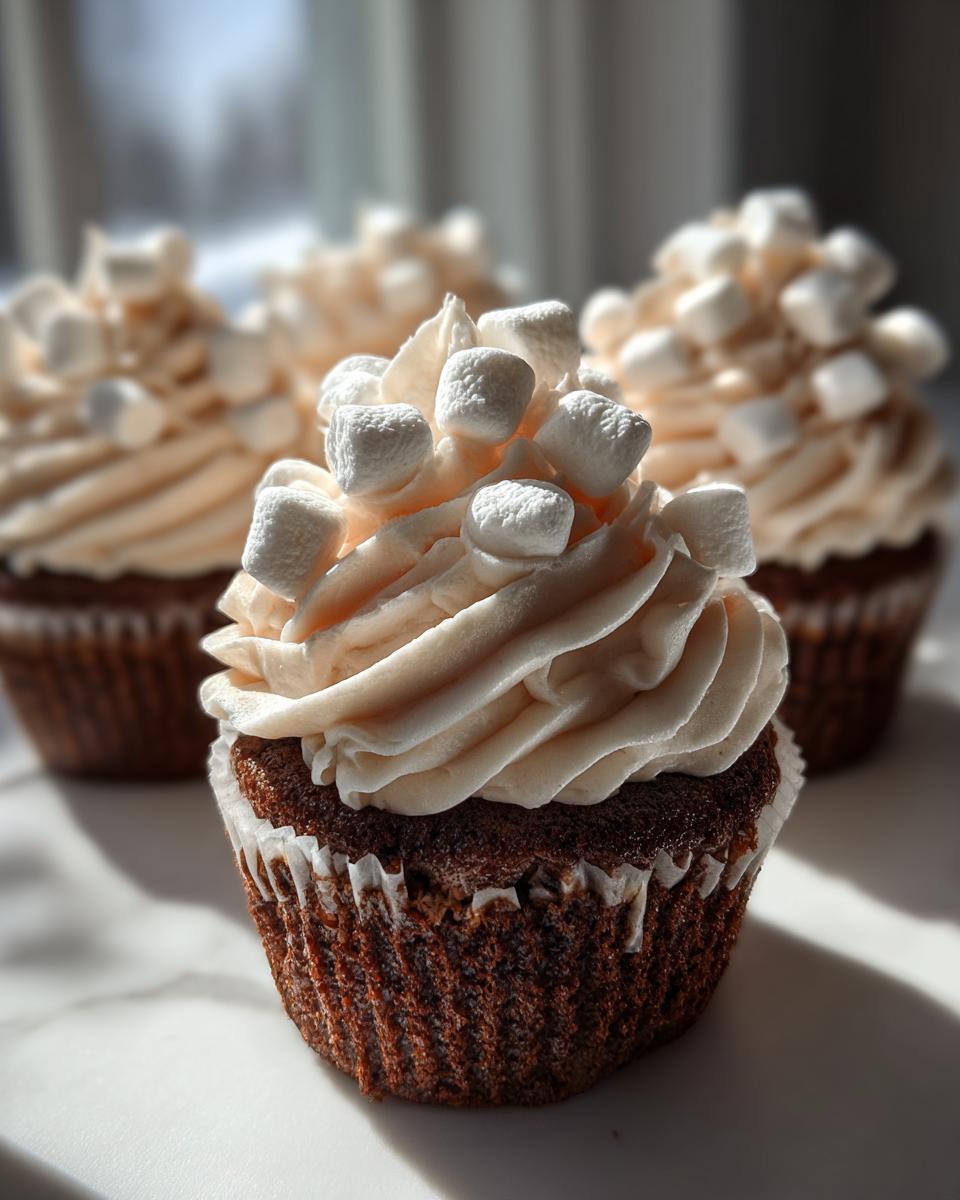 Close-up of a rich, dark hot chocolate cupcake topped with swirled frosting and mini marshmallows.