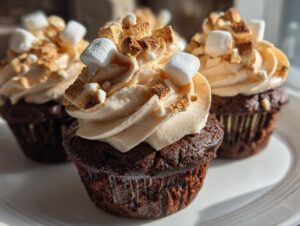 Close-up of rich chocolate hot chocolate cupcakes topped with swirl frosting, mini marshmallows, and graham cracker crumbles.