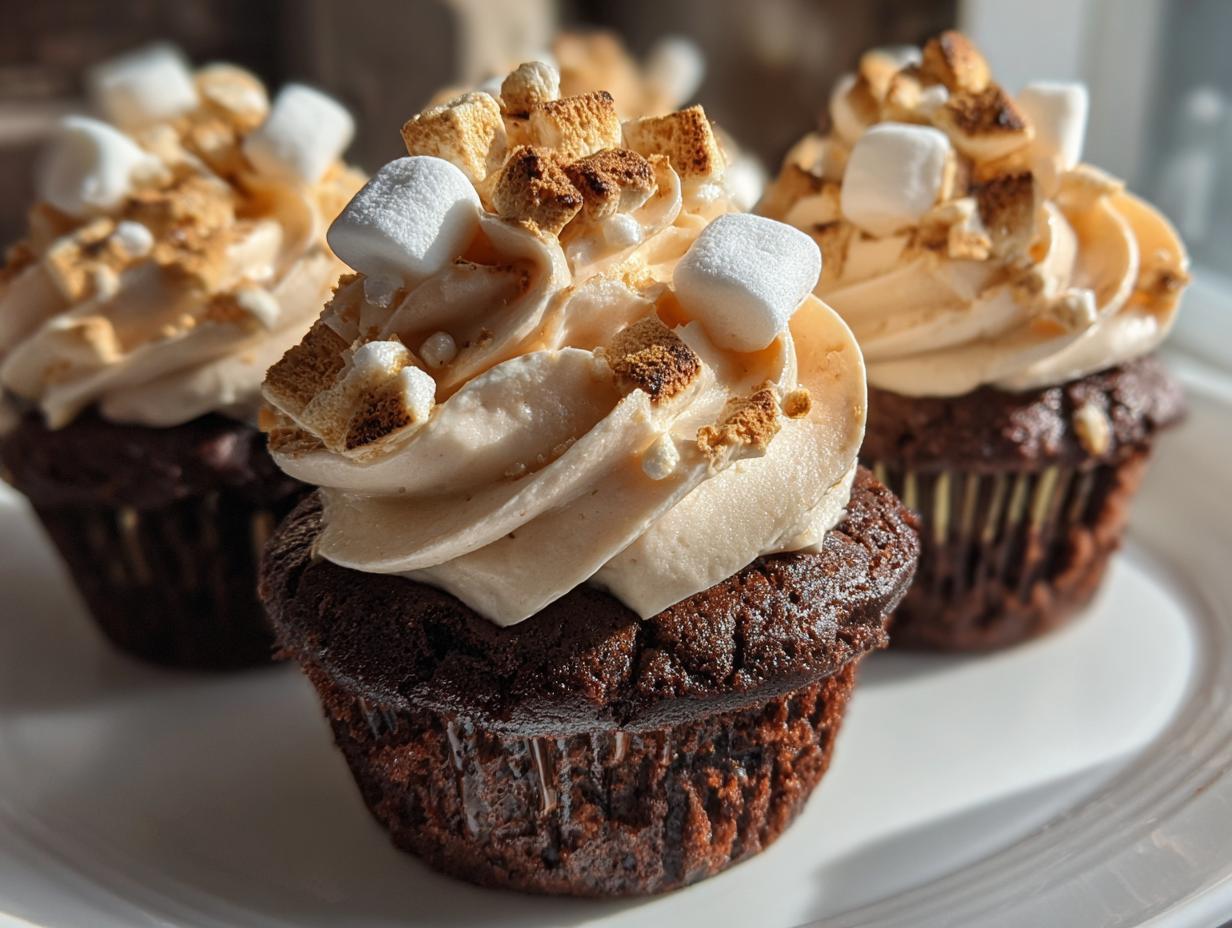 Close-up of rich chocolate hot chocolate cupcakes topped with swirl frosting, mini marshmallows, and graham cracker crumbles.