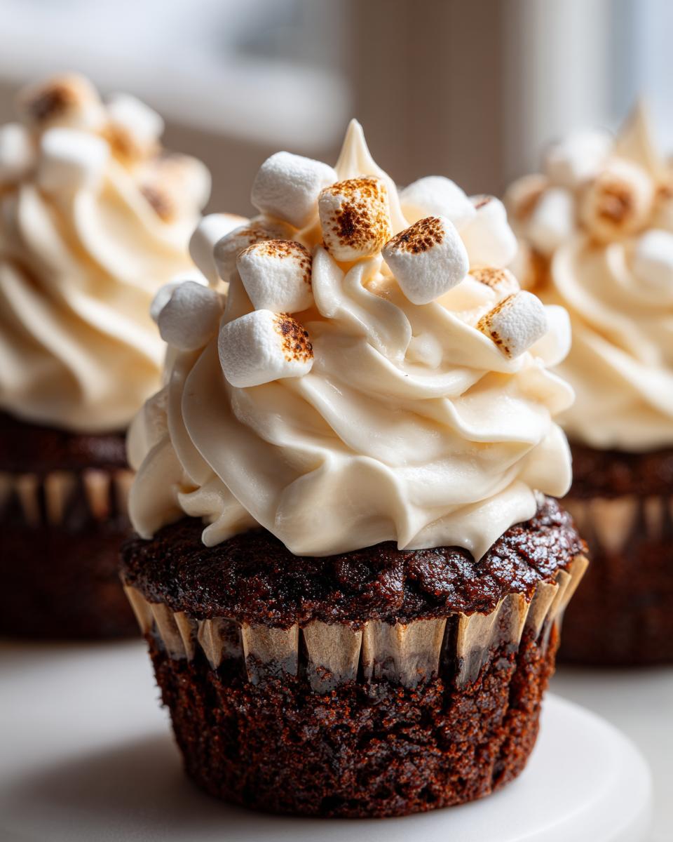 Close-up of a rich, dark chocolate hot chocolate cupcake topped with creamy frosting and toasted mini marshmallows.