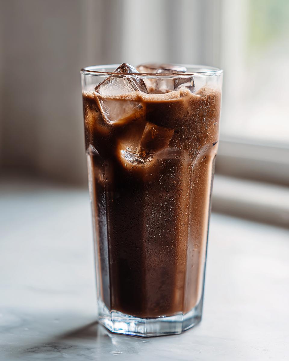 A tall glass filled with iced chocolate milk, showing condensation and ice cubes.