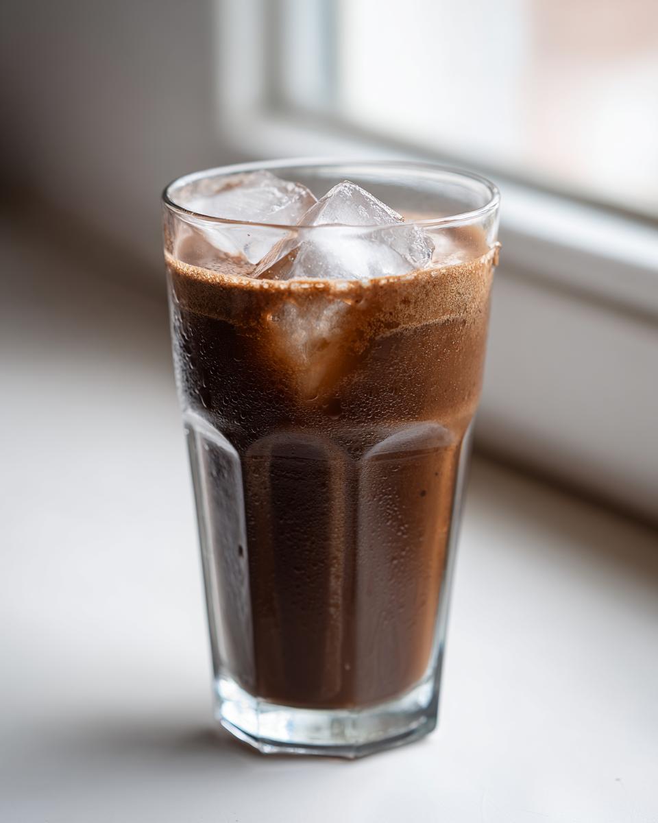 A tall glass filled with cold, frothy chocolate milk and large ice cubes, showing condensation on the glass.