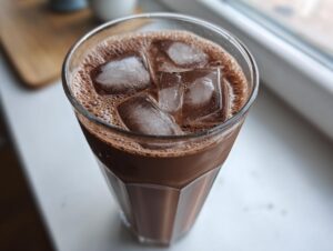 Close-up overhead shot of a tall glass filled with iced chocolate milk and several large ice cubes.