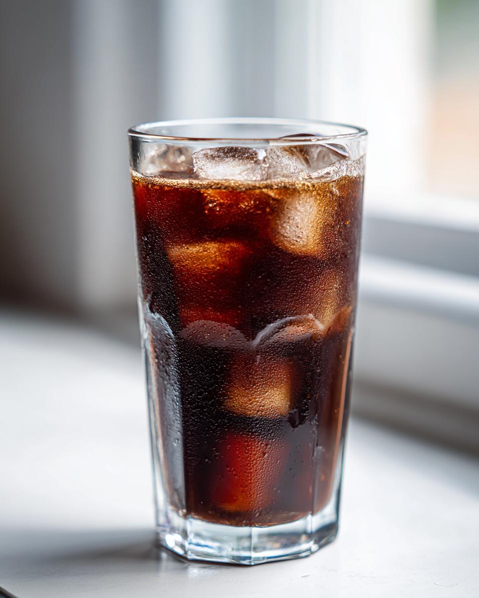 A tall, sweating glass filled with ice cubes and a dark brown liquid, likely cold brew or soda, not chocolate milk.
