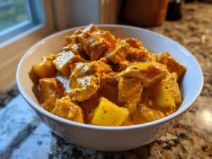 A close-up of rich, yellow-orange Jamaican curry chicken and potatoes served in a white bowl.
