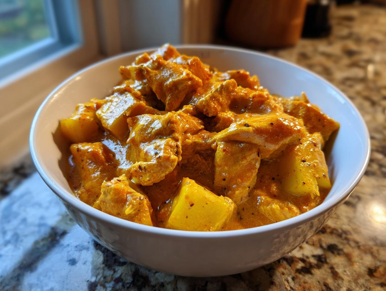 A close-up of rich, yellow-orange Jamaican curry chicken and potatoes served in a white bowl.