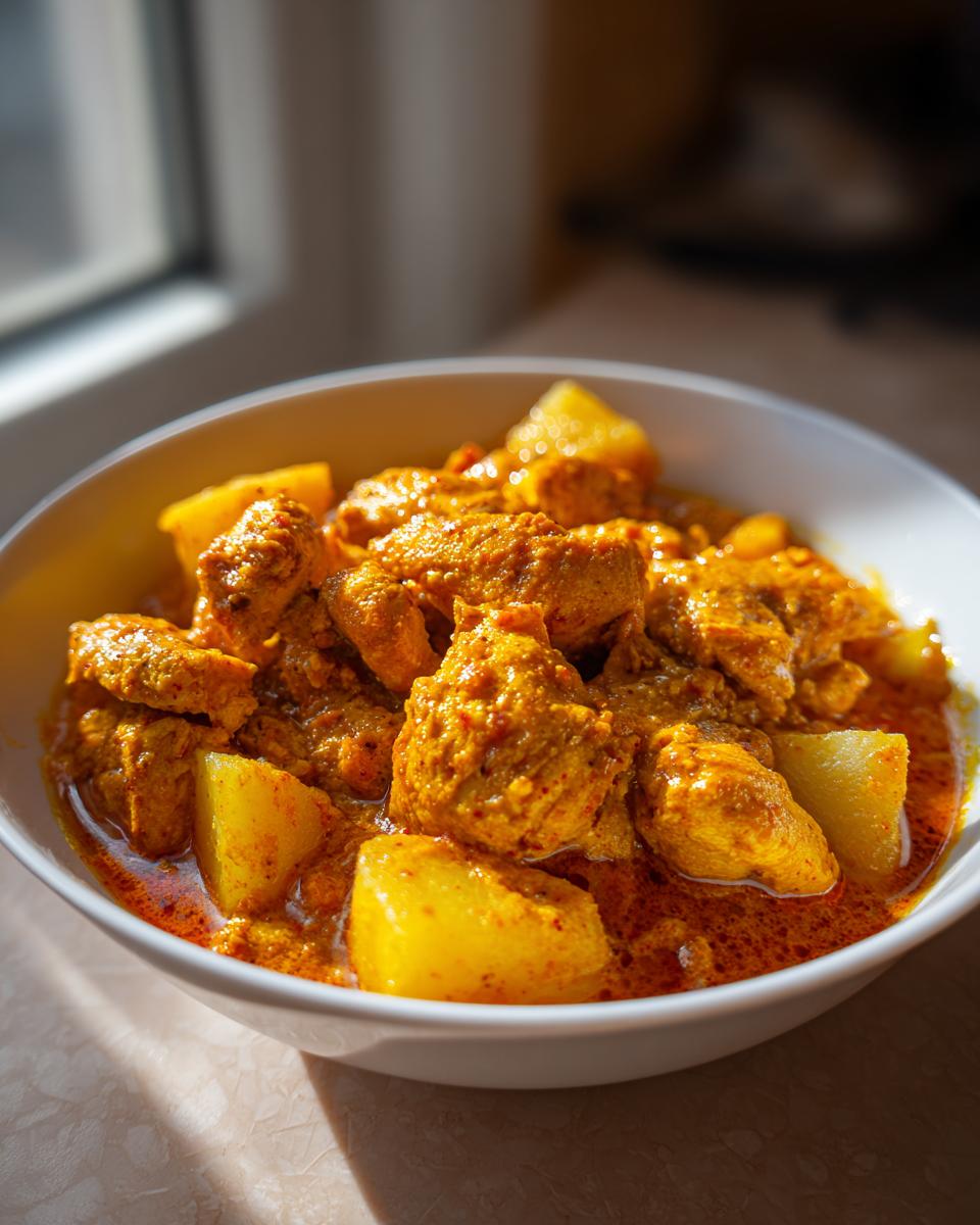 Close-up of rich, yellow-orange Jamaican curry chicken pieces and potatoes served in a white bowl.