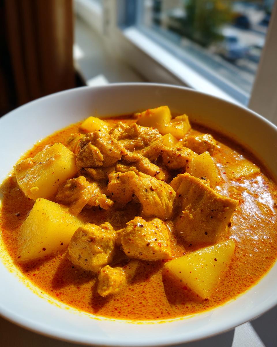 Close-up of a white bowl filled with vibrant Jamaican curry chicken and large chunks of potato in a rich, orange sauce.
