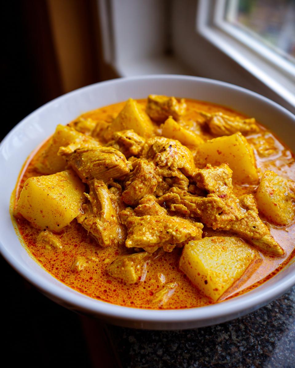 Close-up of vibrant, yellow-orange Jamaican curry chicken with large chunks of potato in a white bowl.