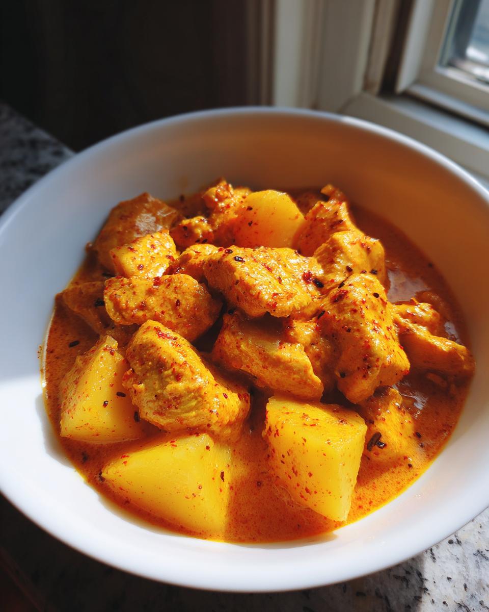 Close-up of vibrant Jamaican curry chicken pieces and large potato chunks in a rich, orange-yellow sauce.