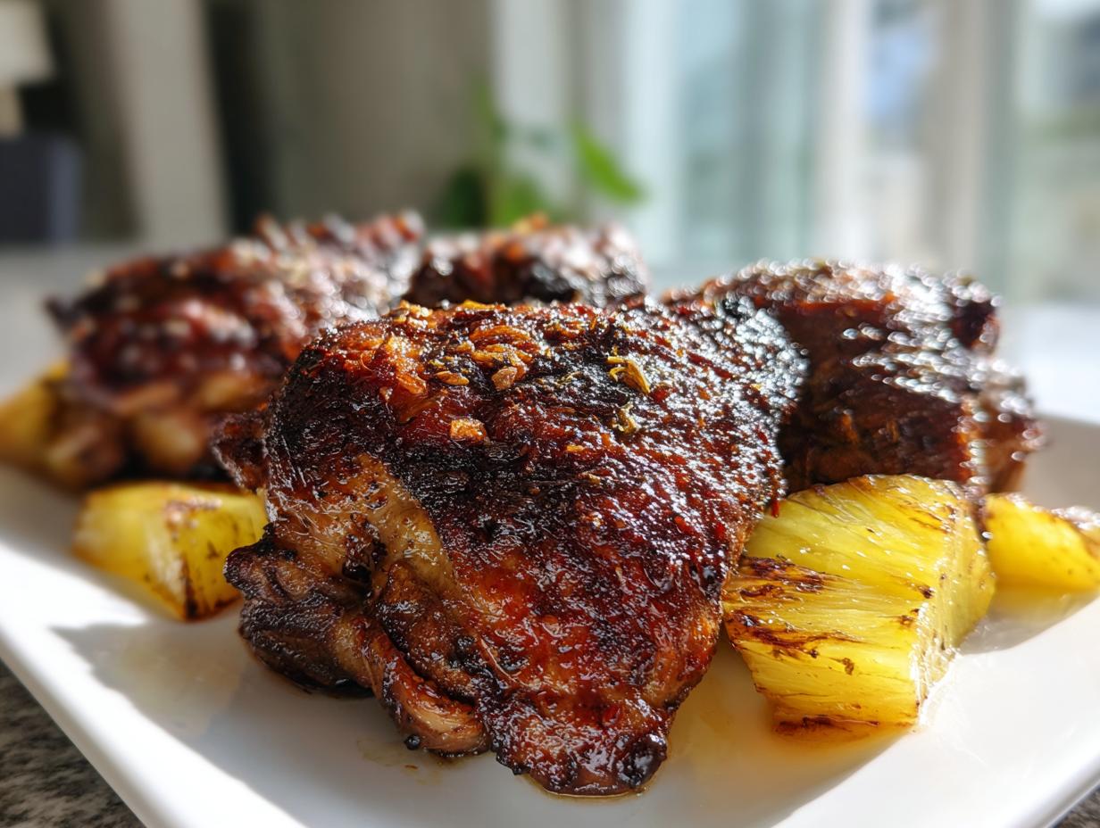 Close-up of richly glazed Jamaican jerk chicken pieces served with caramelized pineapple chunks.