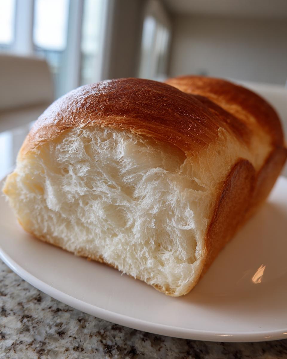 Close-up of a freshly baked japanese milk bread loaf showing its incredibly soft, shredded interior texture.